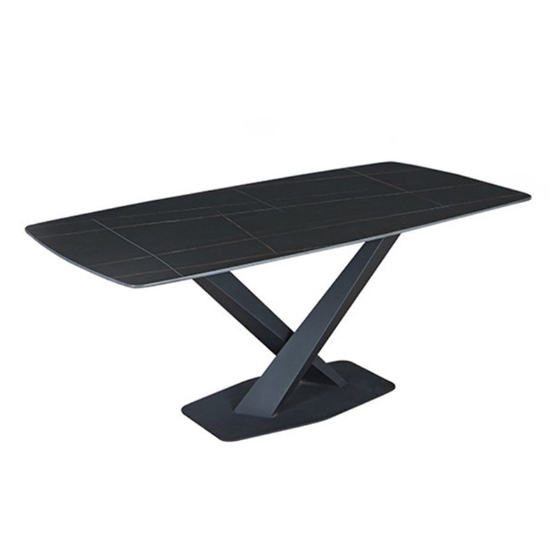 Stone Top Dining Table Modern Rectangle Table with Metal Base in Black