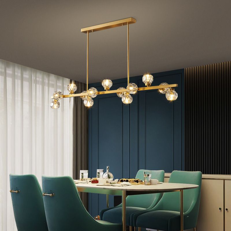 Minimalist Crystal Island Lamp, Luxury Linear Shade Island Light in Gold for Island Kitchen