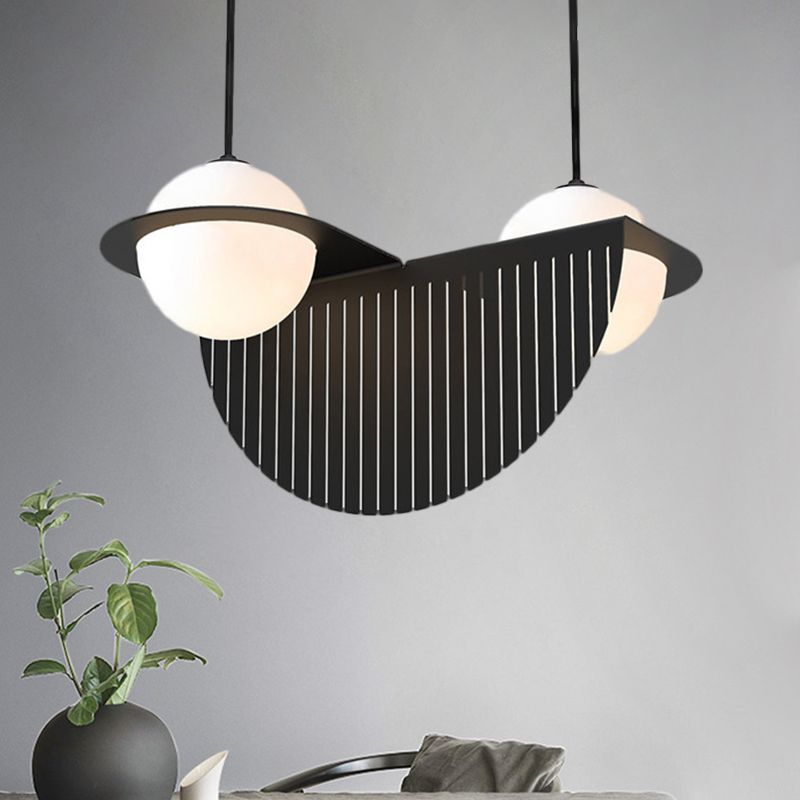 White Glass Global Ceiling Lamp Nordic Style 2 Bulbs Black Suspension Lighting Fixture with Semicircle Decor