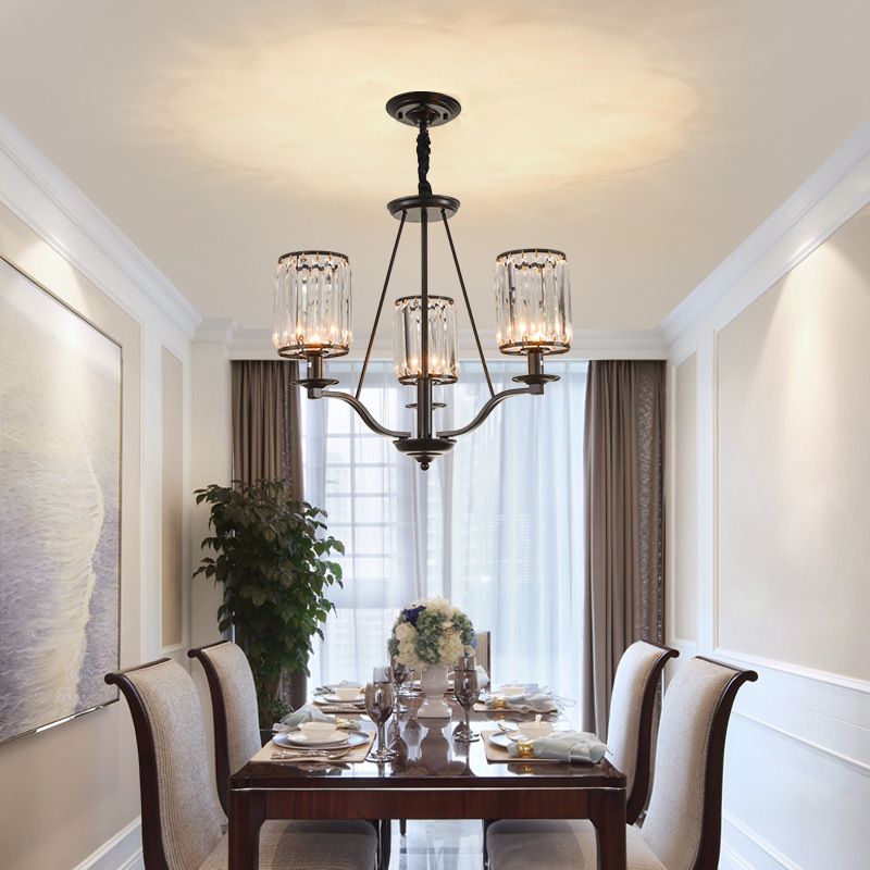 Cylinder Living Room Ceiling Chandelier Country Beveled Crystal Black Hanging Pendant Light