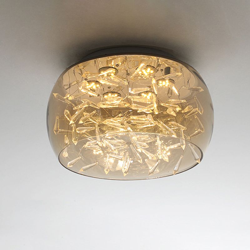 Curved Drum Flush Mount Modernism Crystal Amber/White LED Ceiling Mount Light Fixture in Warm/White/3 Color Light, 16"/19.5" Wide