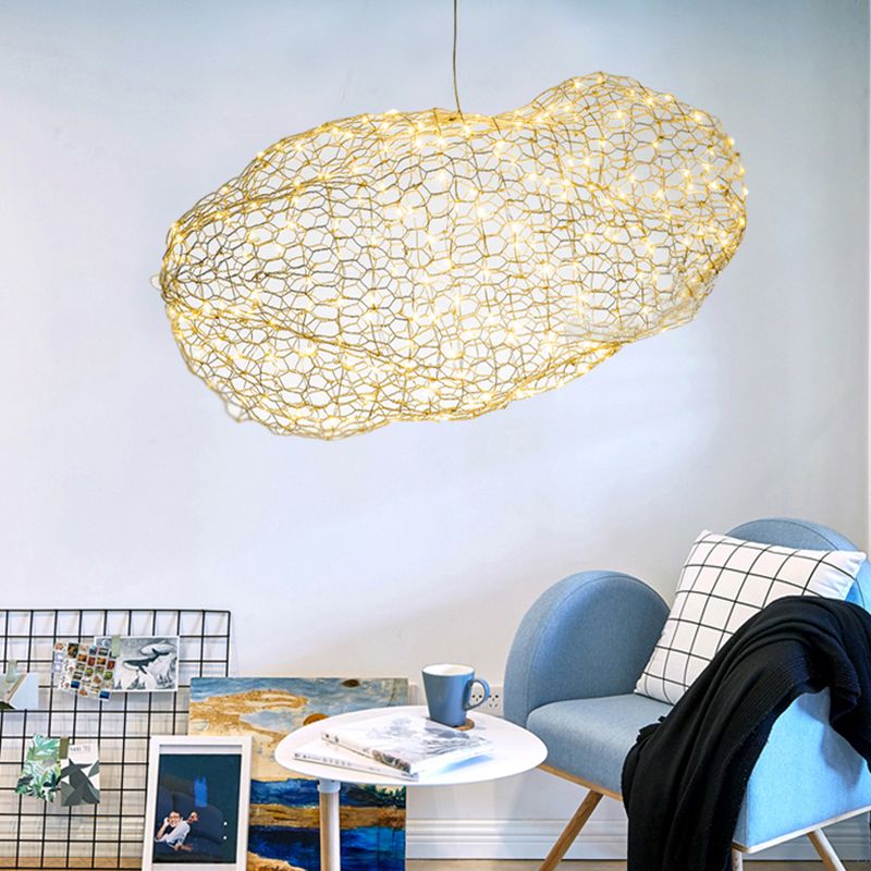 12"/16" W Cloud Shaped Chandelier Light with Mesh Screen Modernist Metal LED Chrome Hanging Lamp, Warm/White Light