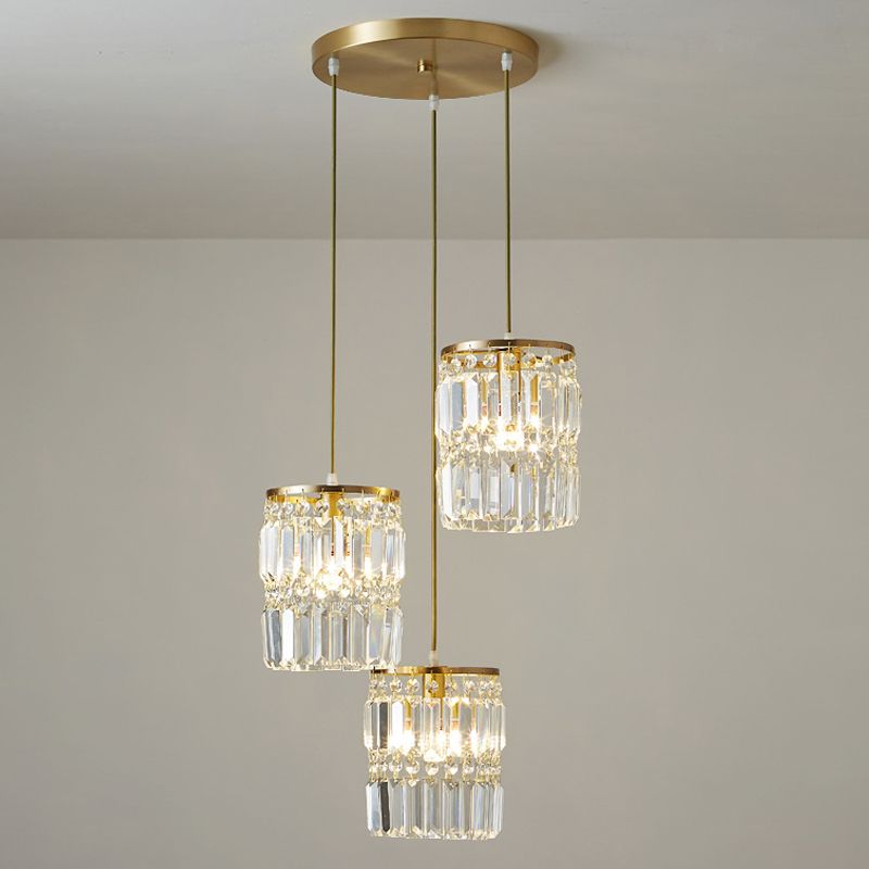 Crystal Prism Cylindrical Multi Pendant Modern 3 Heads Brass Ceiling Light with Round/Linear Canopy