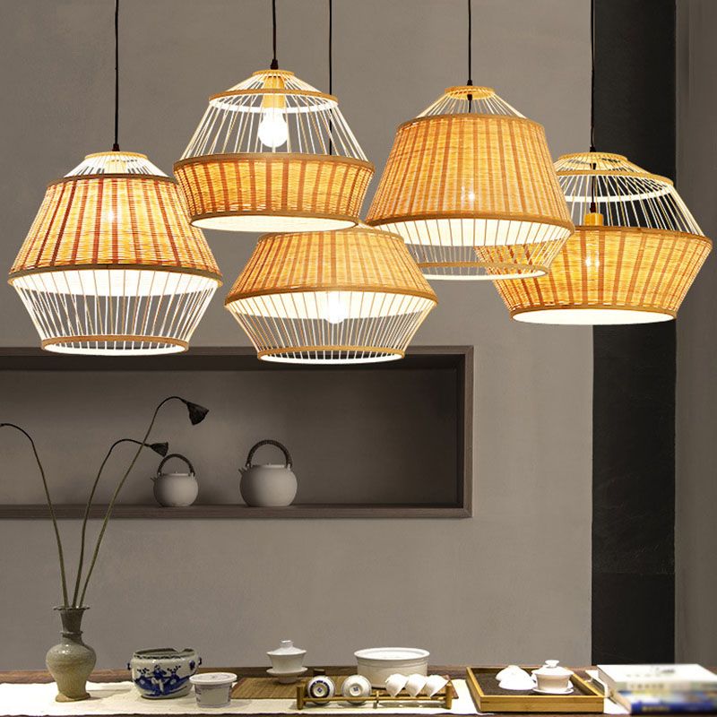 Hand Twisted Ceiling Suspension Lamp Asian Rattan 1 Bulb Bedside Pendant Light in Wood
