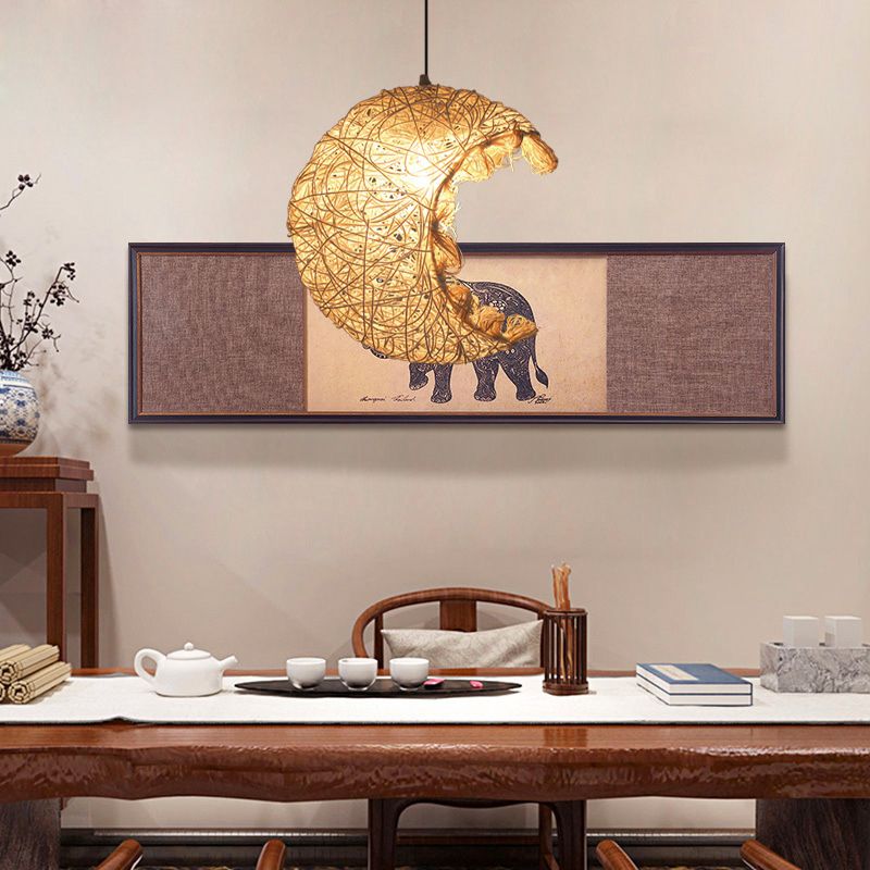 Rattan Shaded Ceiling Light Asian Style 1 Bulb Wood Hanging Lighting Fixture for Restaurant