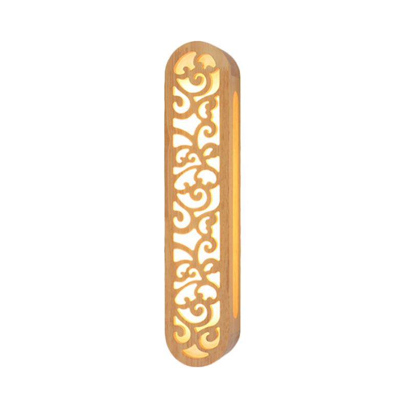 Chinese Style LED Flush Wall Sconce Beige Rectangle Wall Light Fixture with Carving Wood Shade