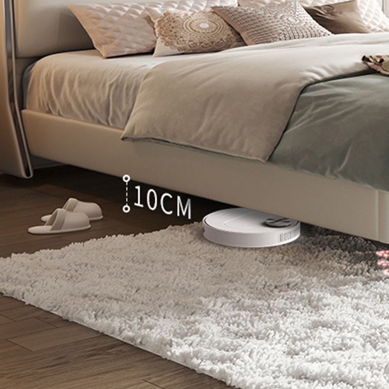 Modern Wood Panel Bed Beige Genuine Leather Standard Bed with Upholstered Headboard