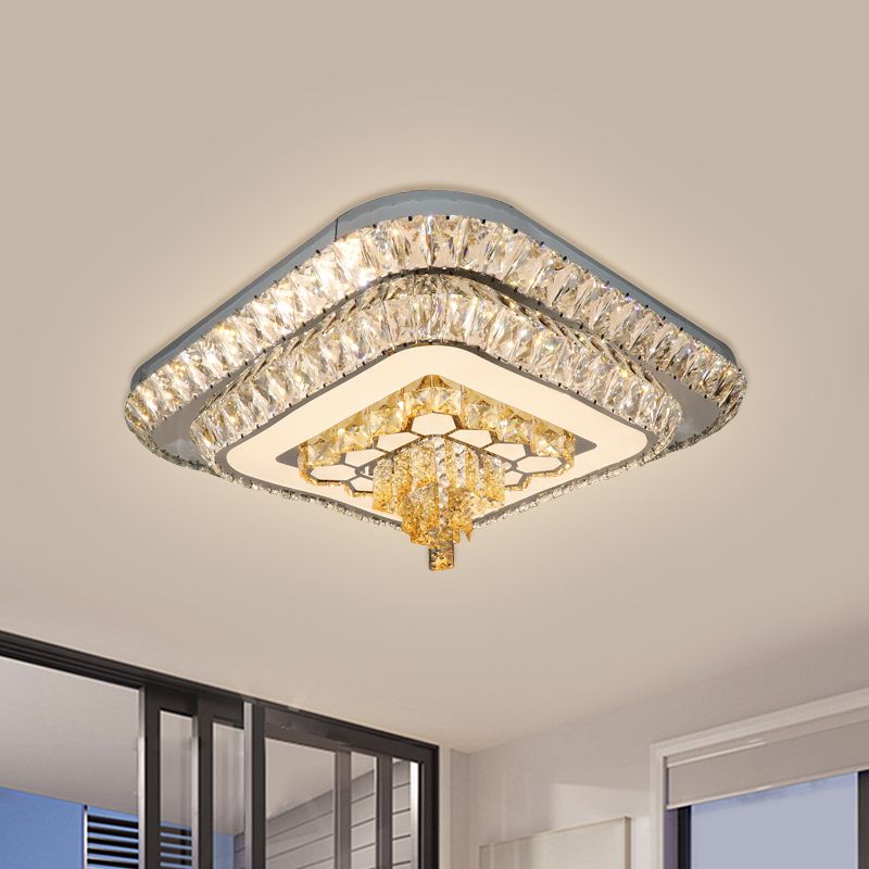Grey Finish LED Flushmount Light Contemporary Clear Cut Crystal Blocks Square Ceiling Fixture
