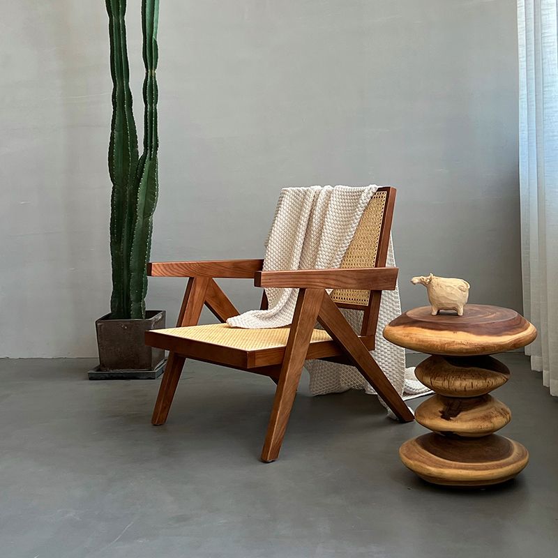 Woven Back Lounge Chair Solid Wood Arms Included Chair with Cushion