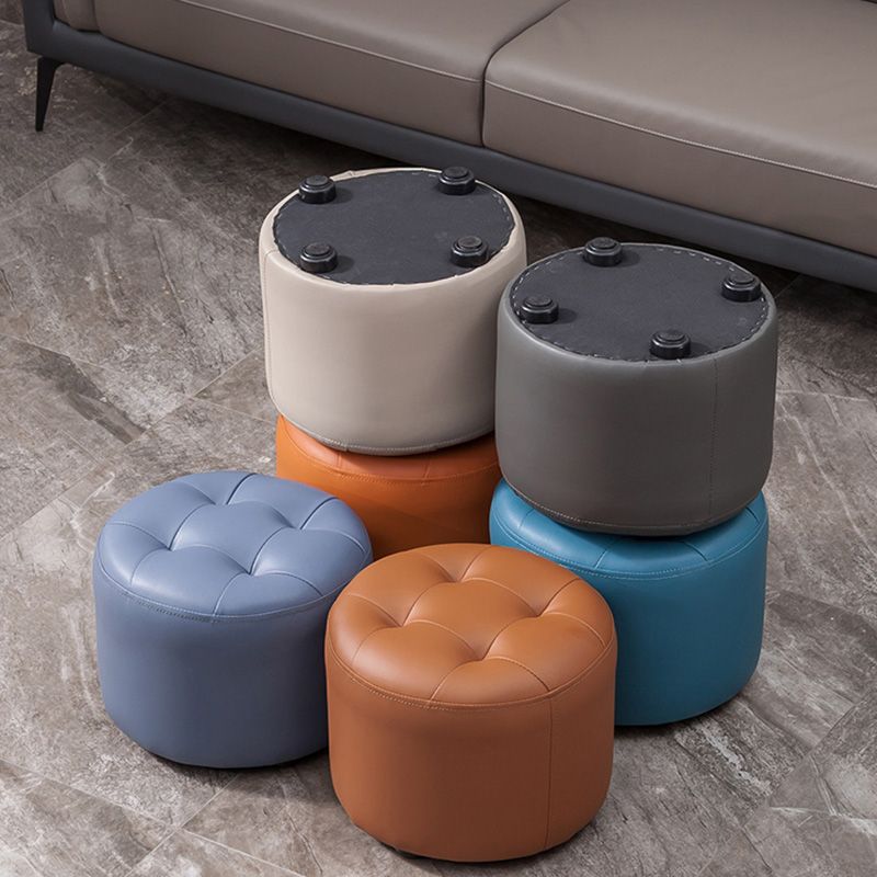 Modern Genuine Leather Ottoman Plain Tufted Detail Round Footstool Ottoman