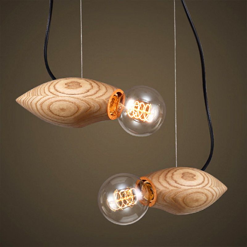 Beige Birdie Pendant Light Kit Nordic 1 Bulb Wood Hanging Light Fixture with Open Bulb Design