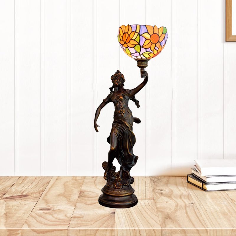 Couche de cloche inversée Éclairage 1-Light Orange / Yellow Blue Sunflower Glass Tiffany Tiffany Night lampe avec fille piédestal