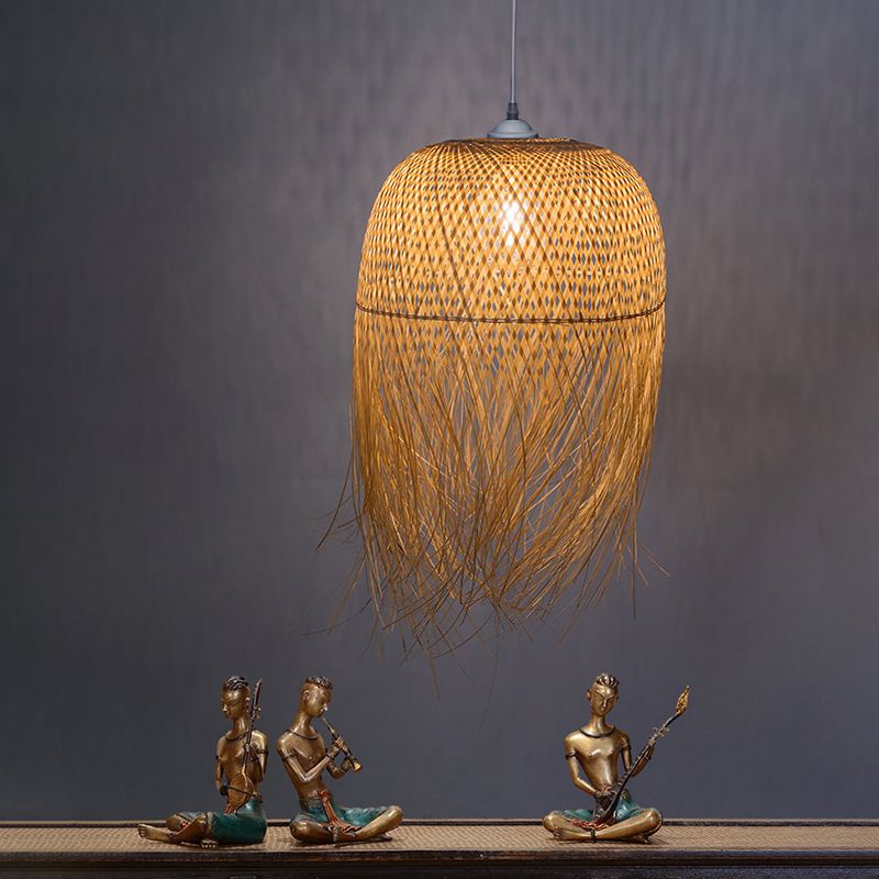 Bamboo Fringed Bell Ceiling Light Asian Style 1 Bulb Wood Hanging Lighting Fixture