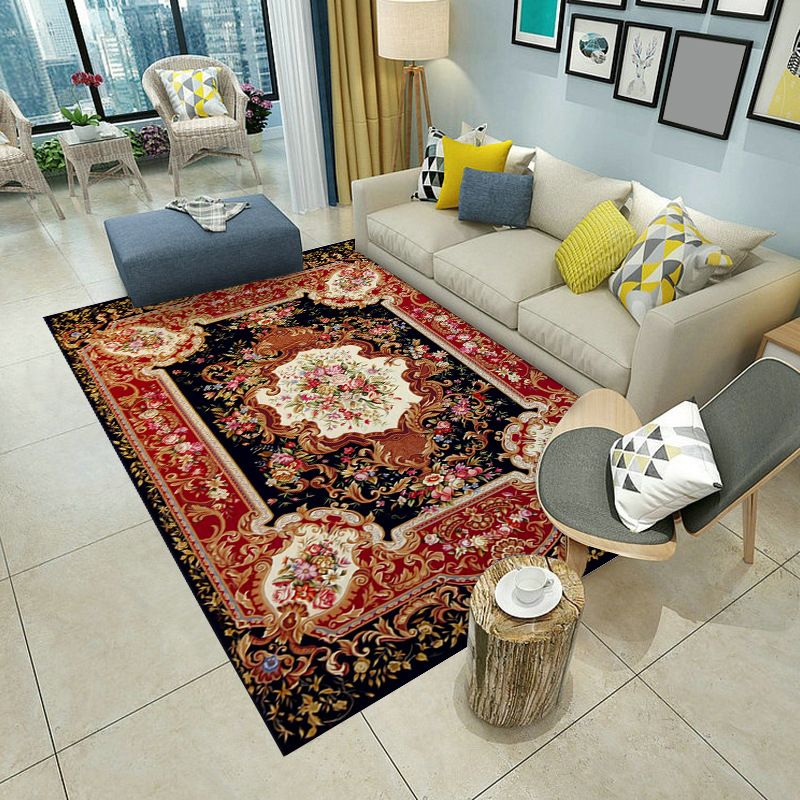 Wine Red Graphic Rug Polyester Modern Rug Washable Rug for Living Room