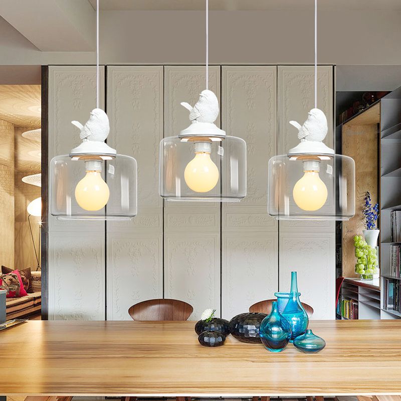 Drum Shaped Dinette Pendant Lamp Clear Glass 1 Bulb Modern Hanging Lamp Kit with White Bird Top