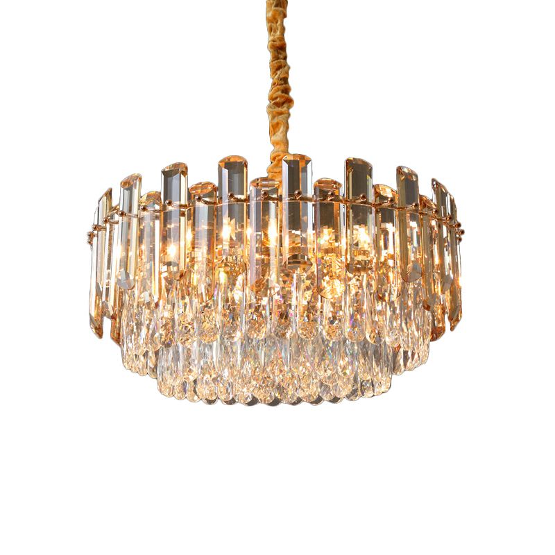 9 Bulbs Round Pendant Chandelier Modern Gold Finish Cut Crystal Suspension Light for Living Room