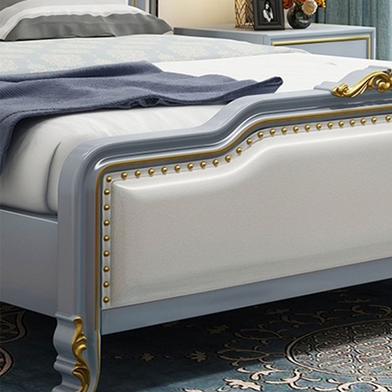 84.65 inch Wide Victorian Bed Pine Wood Bed Frame with Upholstered Headboard