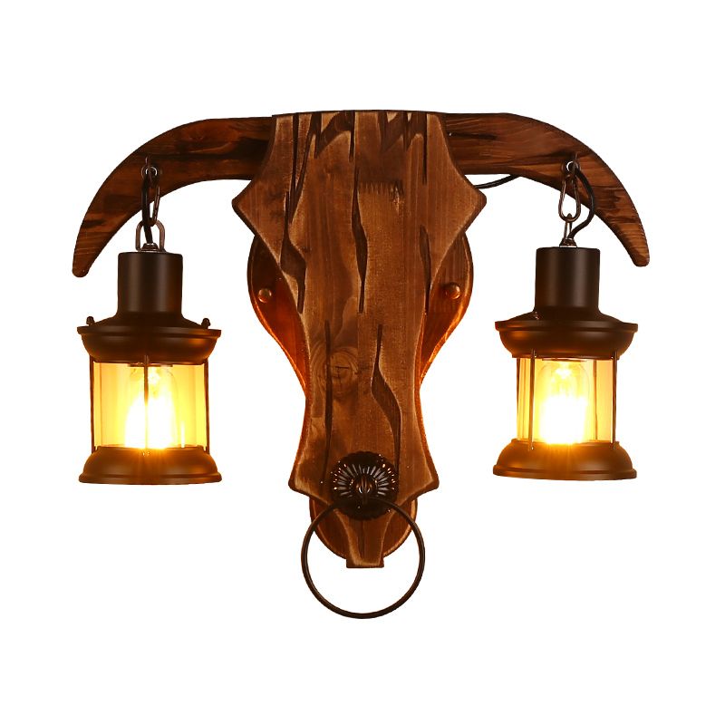Brown Bull Shaped Sconce Wall Lighting Retro Style 2 Bulbs Wood and Metal Wall Lamp with Lantern Shade