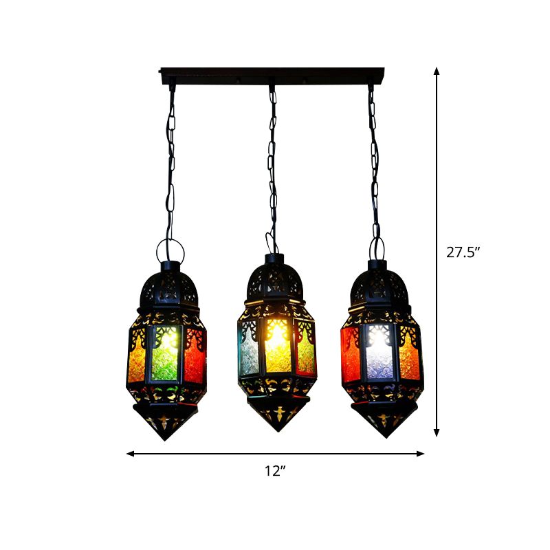 Black 3-Bulb Hanging Lighting Vintage Metallic Lantern Multi Pendant Lamp for Restaurant
