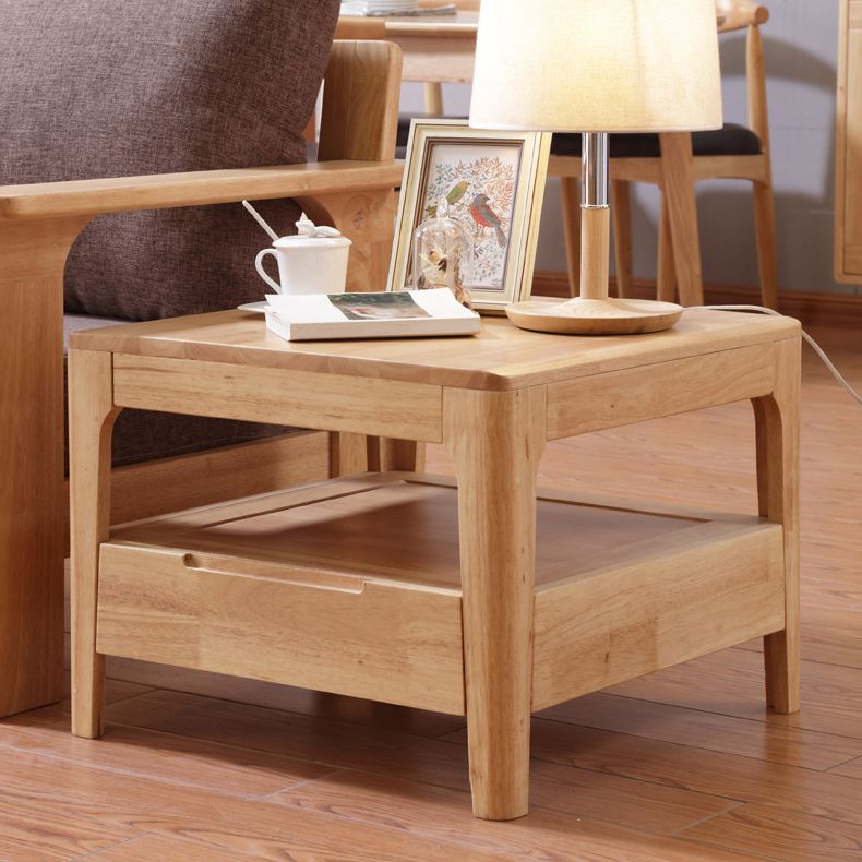 Solid Wood Square Top Side Table 17.7" Tall 4 Legs End Table with Drawer