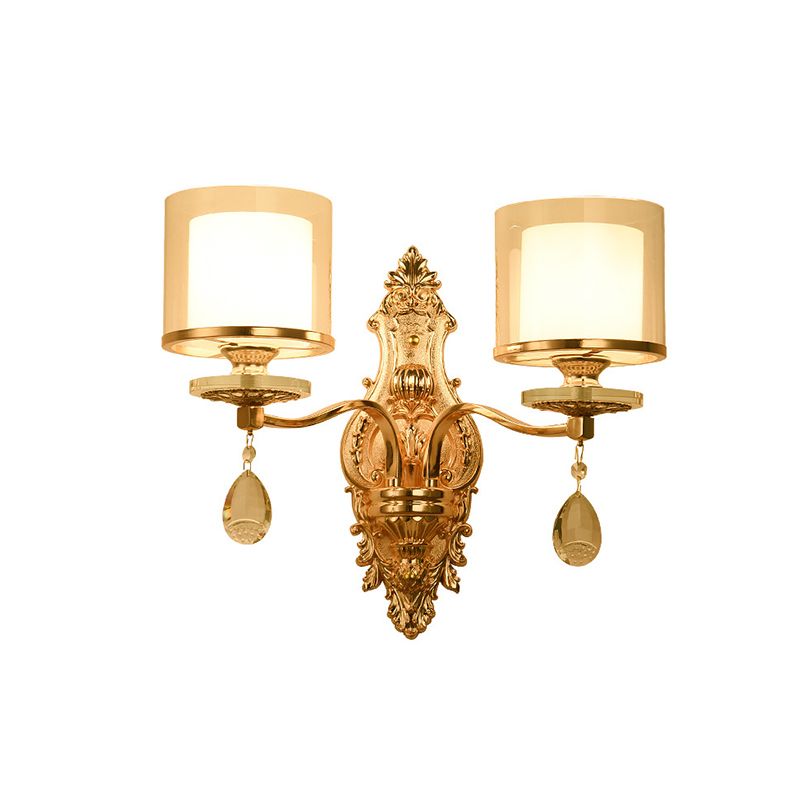 Mid-Century Cylinder Sconce Light 2 Heads Clear and Frosted Glass Wall Lamp in Gold with Crystal Drop