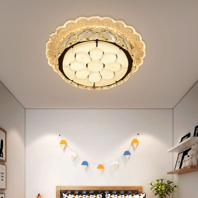 LED Crystal Flushmount Light Simple Style White Priscilla Edge Corridor Ceiling Lighting with Etched Floral Design
