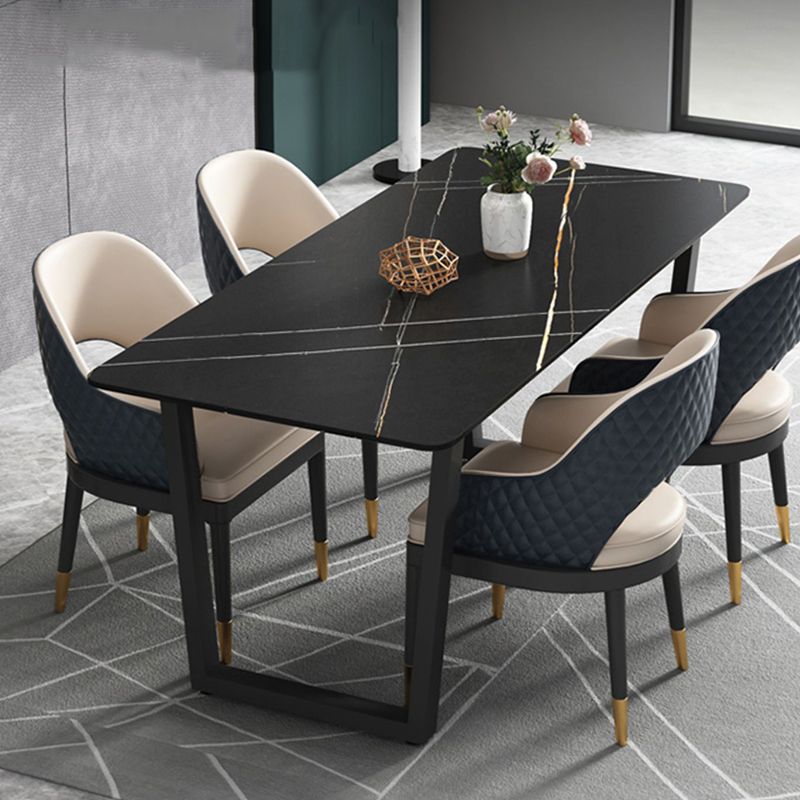 Rectangle Black Base Dining Table Modern Stone Double Pedestal Table