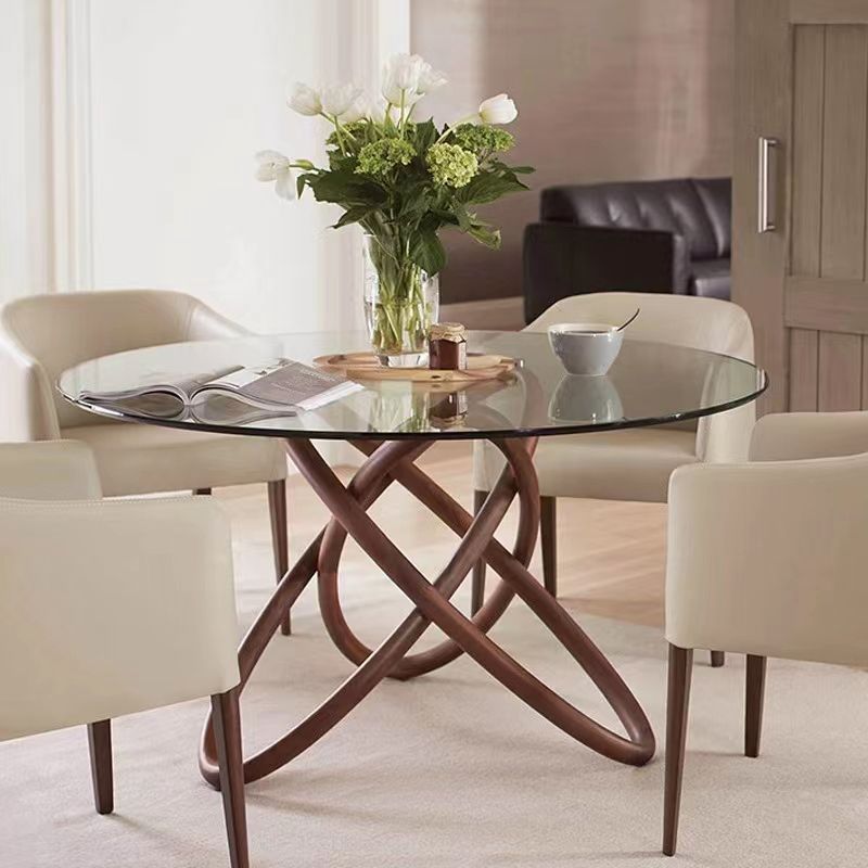 Modern Round Glass Clear Top Dining Table with Single Pedestal