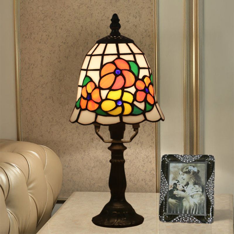 1 Bulb Night Lighting Baroque Bell Shade Stained Art Glass Table Light in Pink/Orange with Bloom Pattern for Bedside