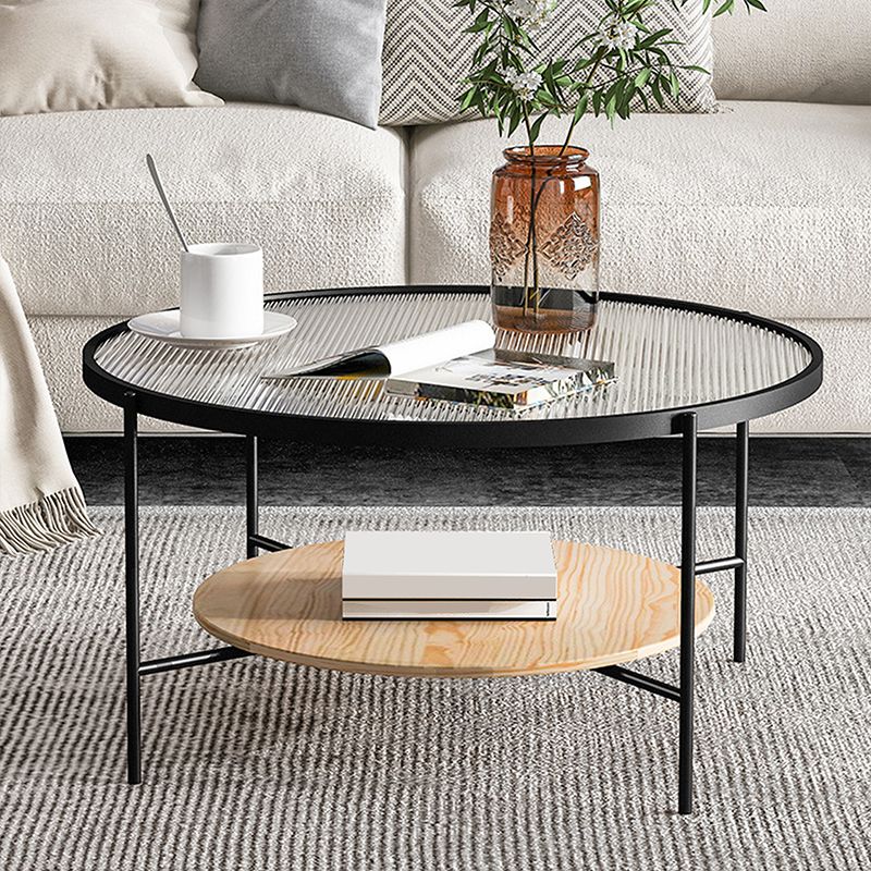 Round 4 Legs Coffee Table 2-Tier Cocktail Table with Wood Accents