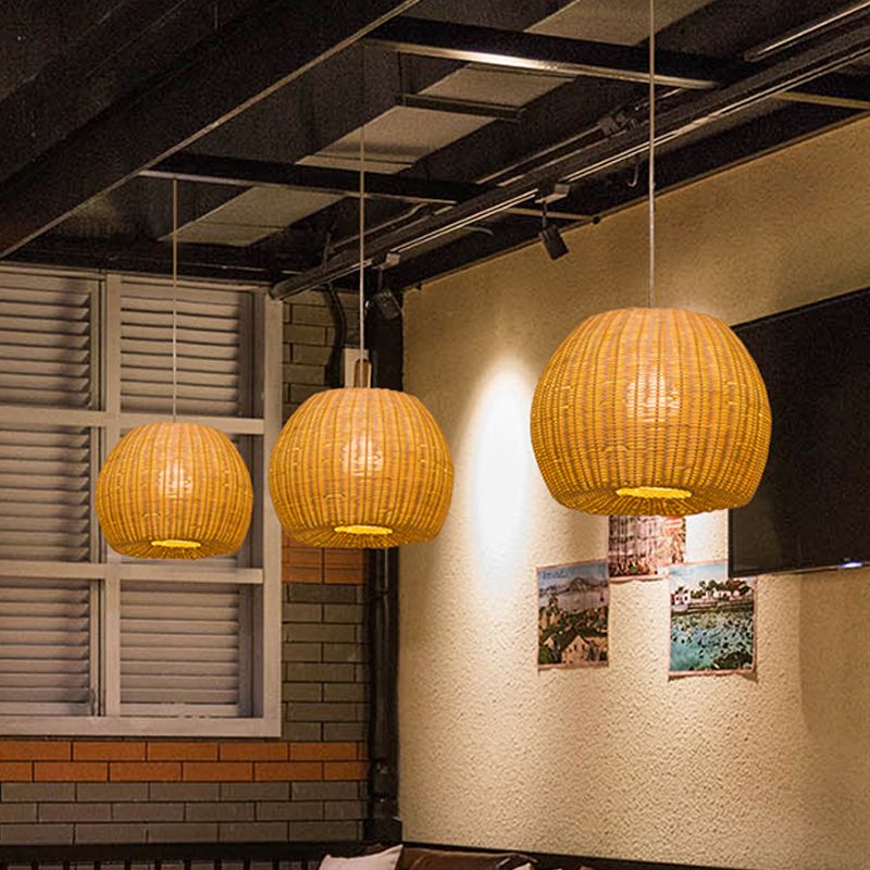 Khaki Dome Hanging Lamp Simple 1-Light Bamboo Woven Pendant Light Kit for Book Store