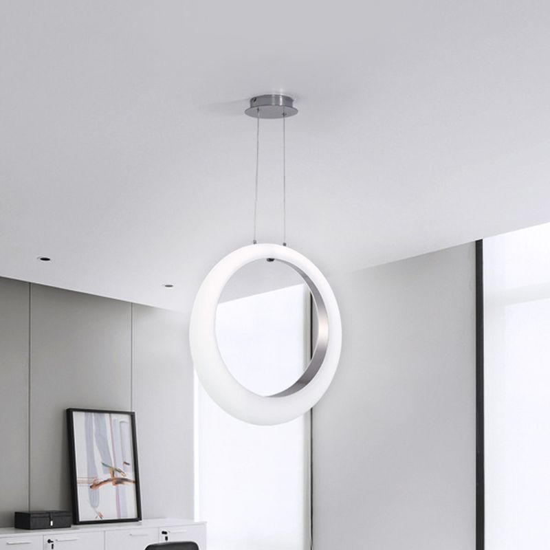 Acrylic Hoop Drop Pendant Simplicity White and Silver Inner LED Hanging Ceiling Light
