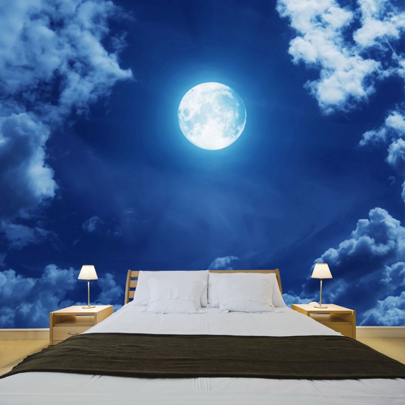 Blue-White Modernist Mural Decal Big Moon in Cloudy Night Sky Wall Covering for Home