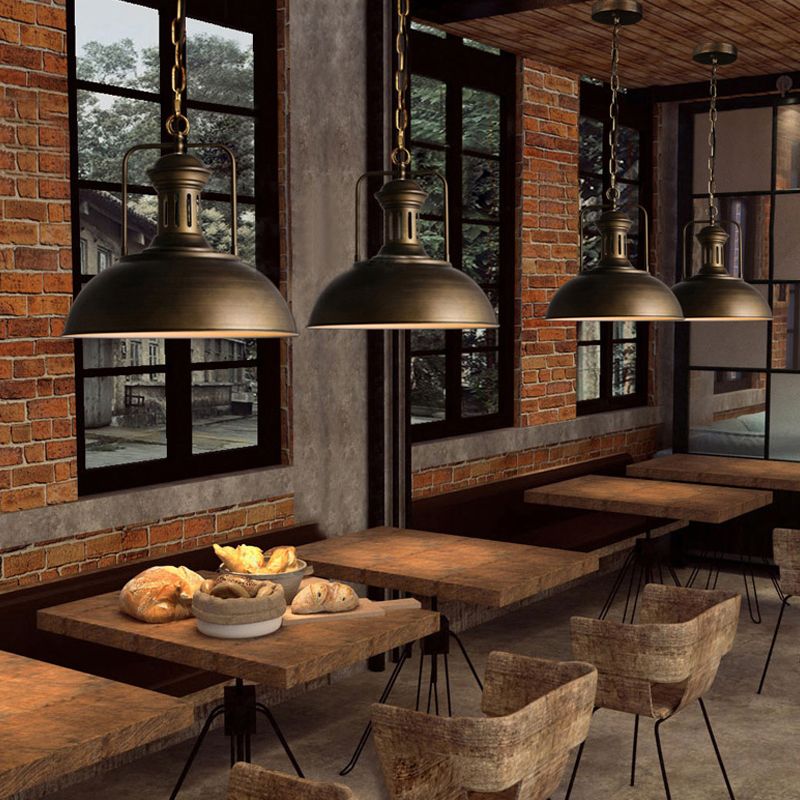 Nautical Bowl Shaped Ceiling Pendant Single-Bulb Iron Hanging Lamp with Vented Socket in Bronze