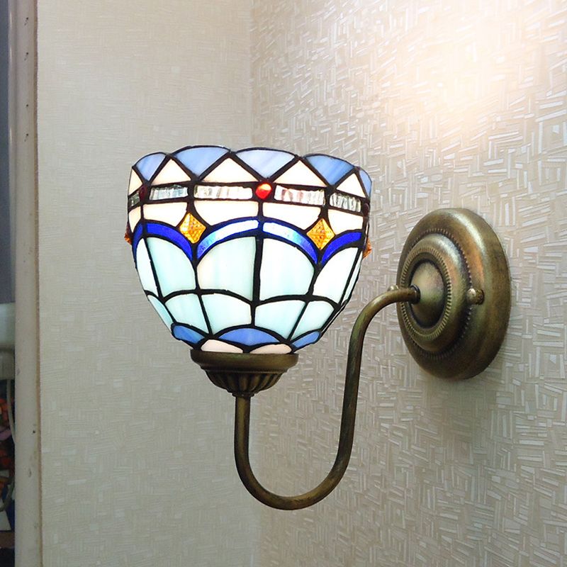 Blue Dome Wall Light Fixture Baroque 1 Head Stained Glass Wall Lighting Ideas with Curved Arm
