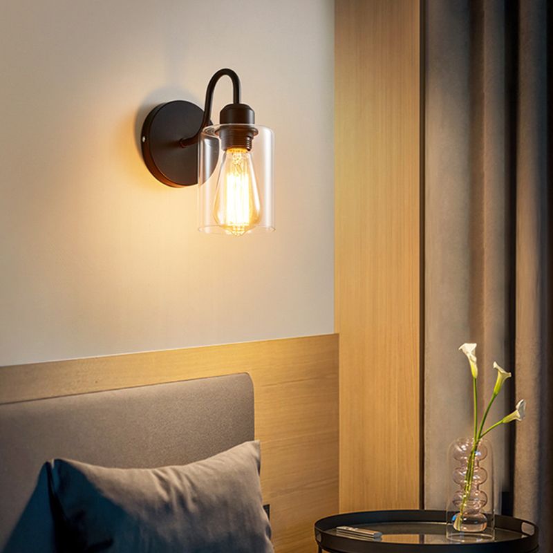 Metal Armed Wall Sconce Single Light Wall Lamp with Cylinder Glass Shade for Bedroom