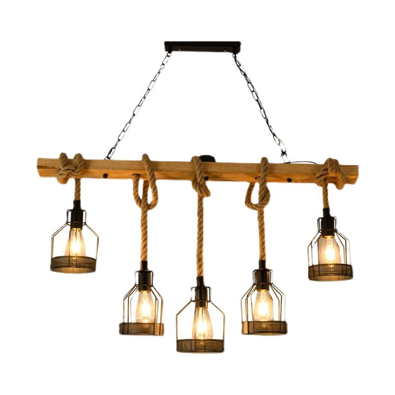 Industrial Wood Pendant Light Linear Shape Island Light with Metal Shade for Bar Counter