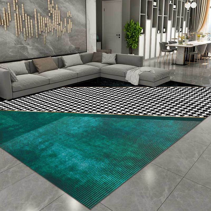 Modernist Colorblock Houndstooth Pattern Rug Black and Green Polyester Rug Non-Slip Pet Friendly Washable Are Rug for Bedroom