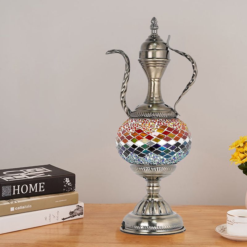 Vintage Teapot Shaped Night Table Lamp 1 Bulb Pink/Purple/Blue and Purple Stained Glass Nightstand Light for Bedroom