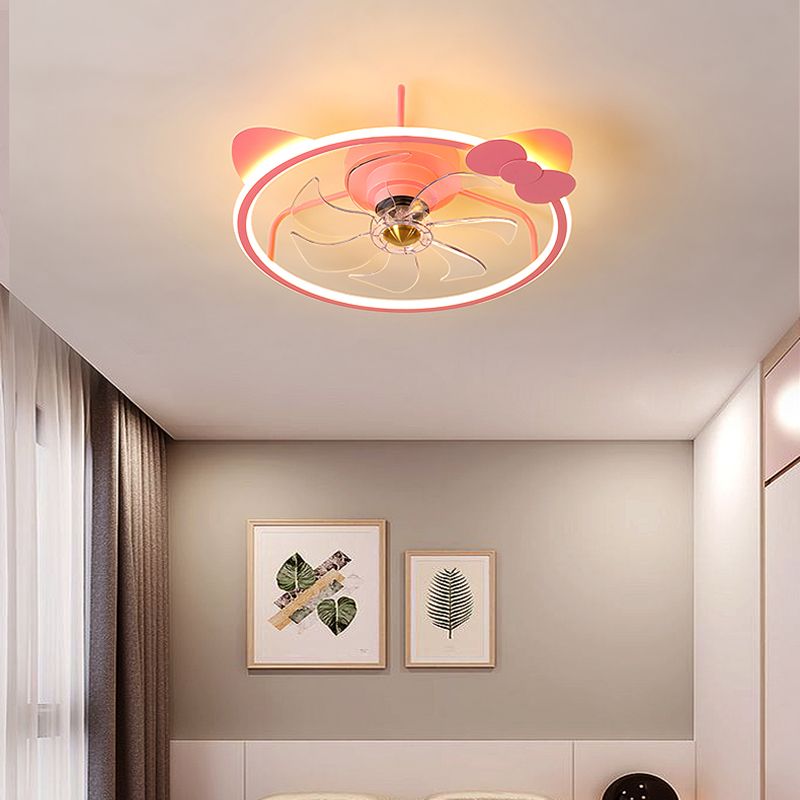 Pink Circular Ceiling Fan Lighting Cartoon Acrylic LED Semi Flush Mount Fixture for Kids Room