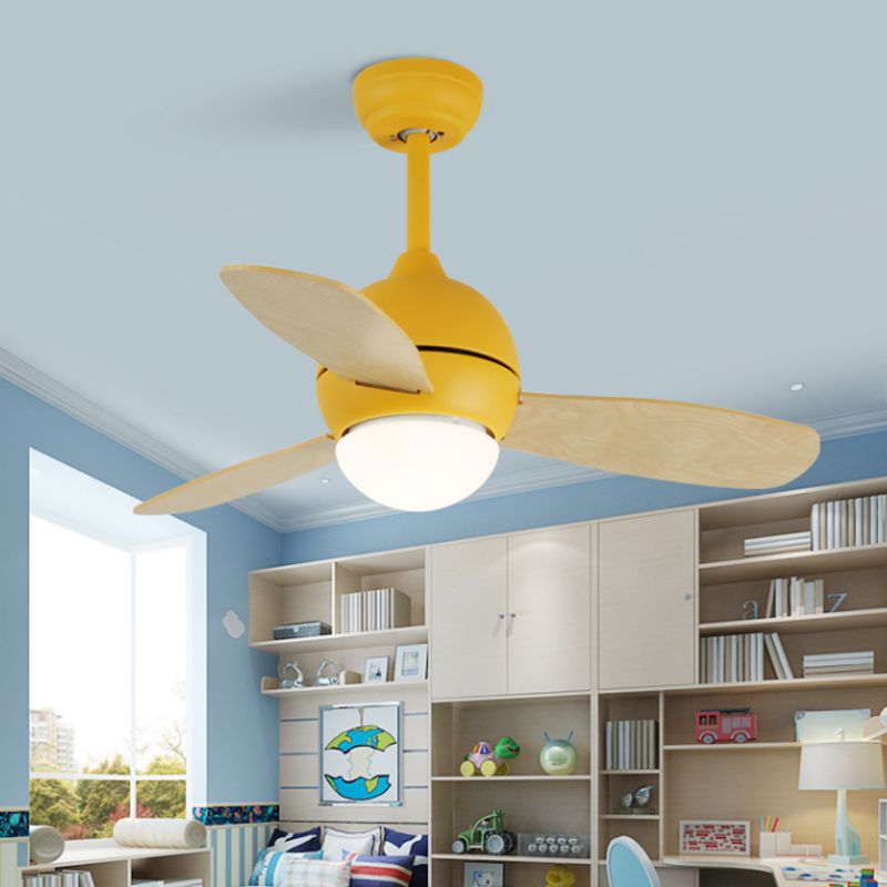 Dome Kids slaapkamer hanger ventilatorlamp metaal 36 "W LED Modern semi spoelplafondlicht in wit/geel/blauw met wand/afstandsbediening, 3 houten messen