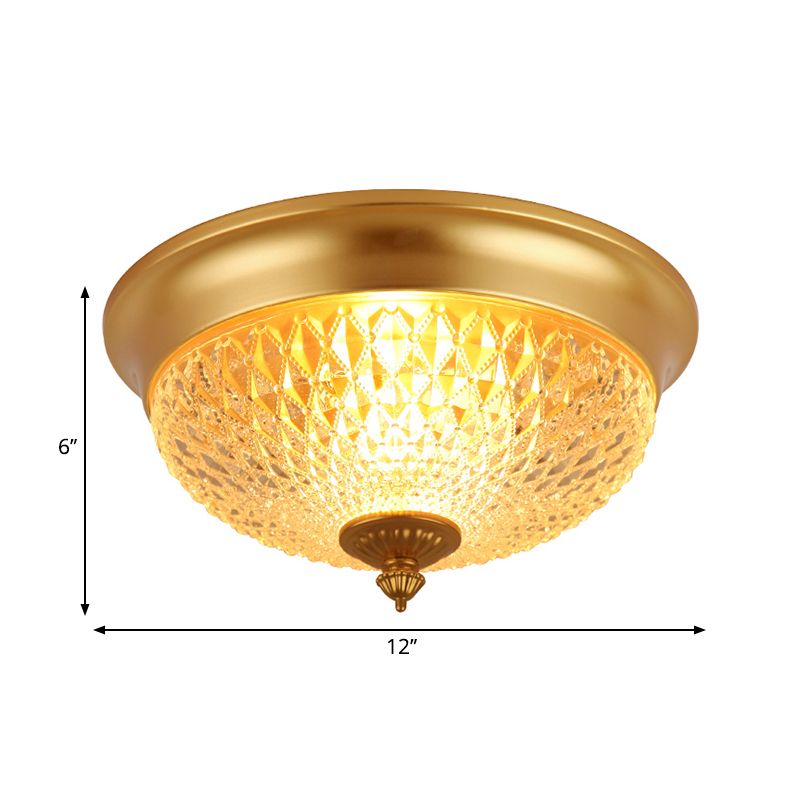 Dome Bedroom Flush Mount Light Colonial Lattice Glass 2 Bulbs Brass Close to Ceiling Lighting Fixture