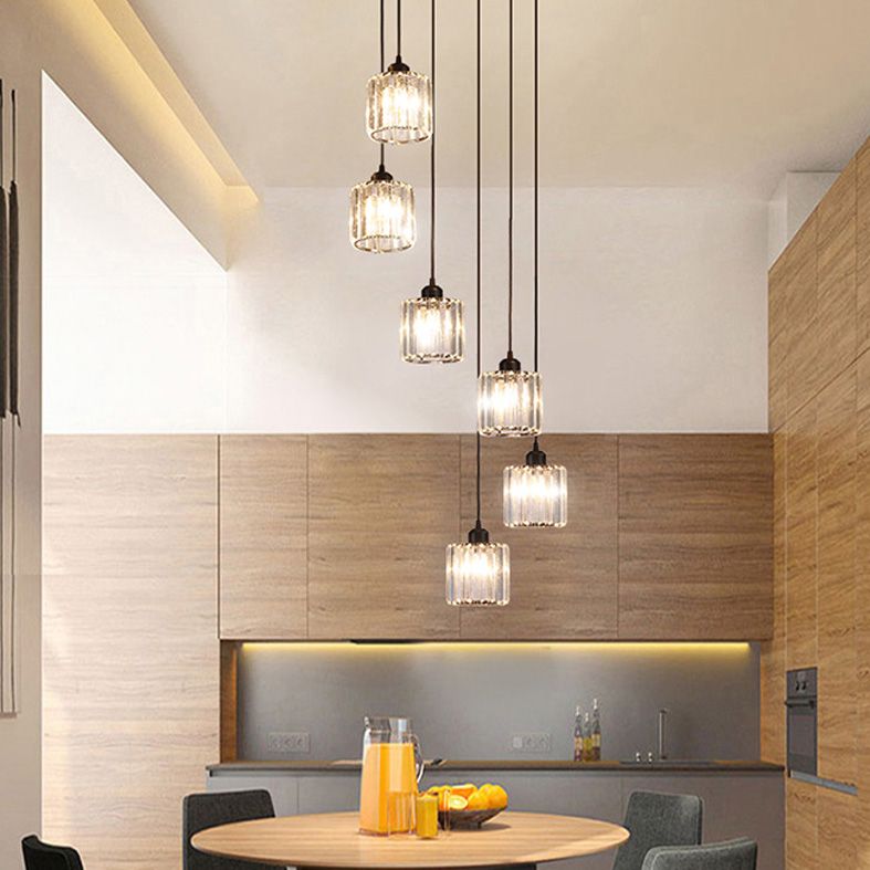 Contemporary Cylindrical Pendant Clear Crystal Multiple Hanging Ceiling Light for Spiral Stair