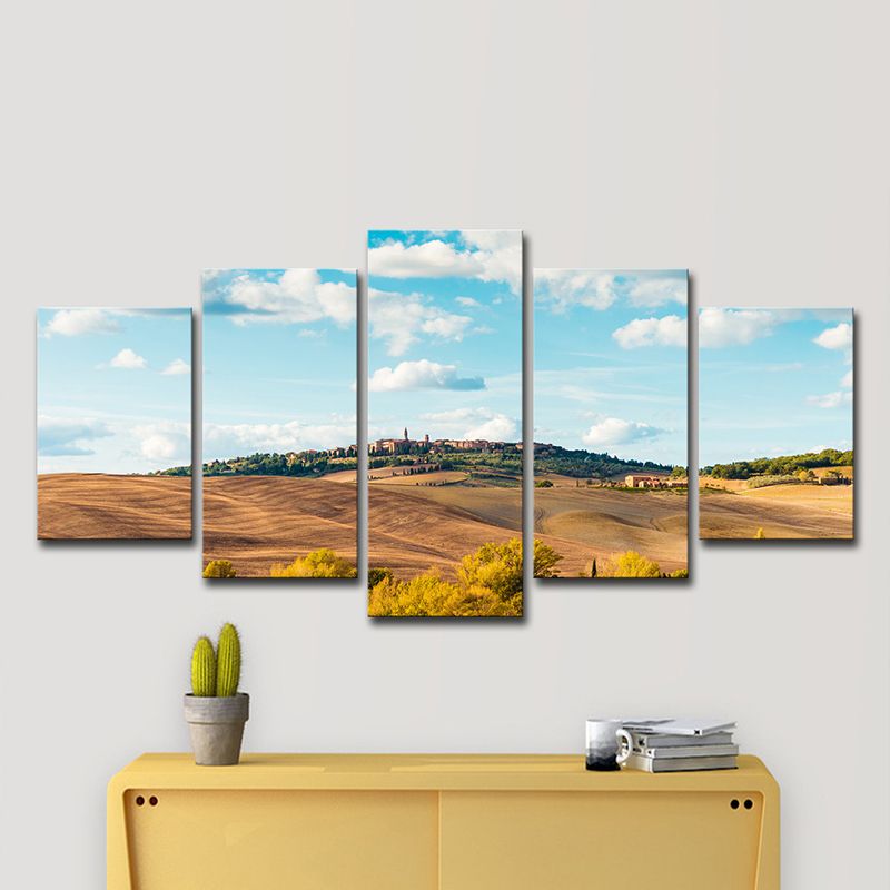 Multi-Piece Hill Castle Art Print Contemporary Canvas Wall Decor in Sky Blue and Brown