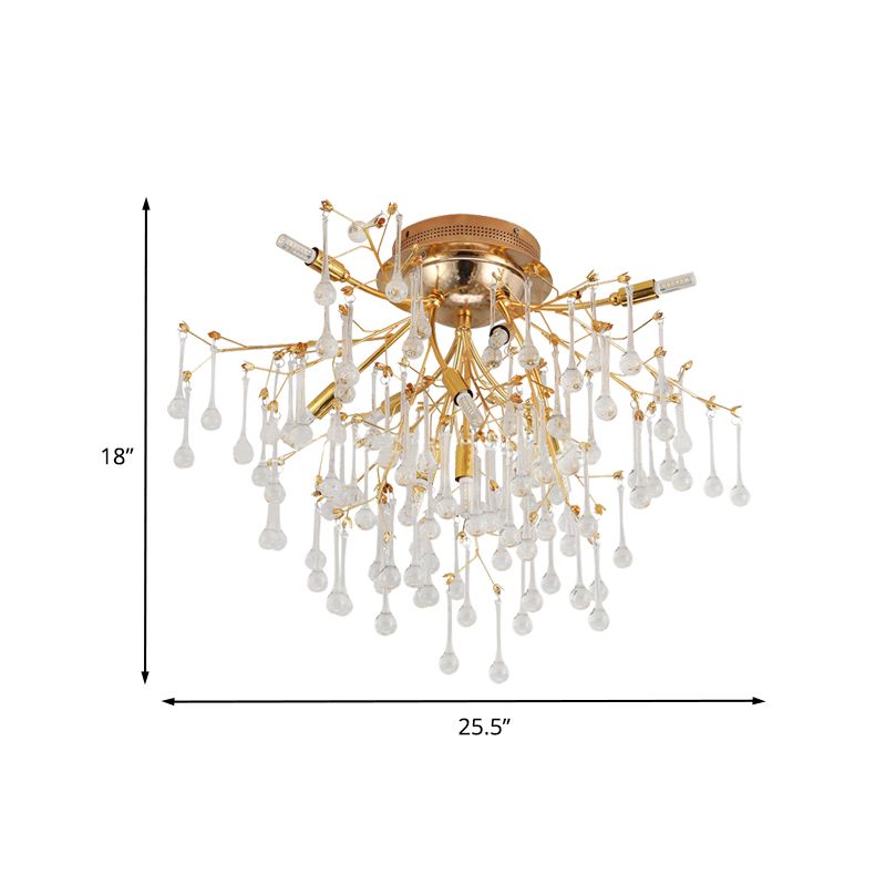 Cascade Bedroom Semi Flush Light Traditional Crystal Drip 10-Head Gold Ceiling Mount Lamp