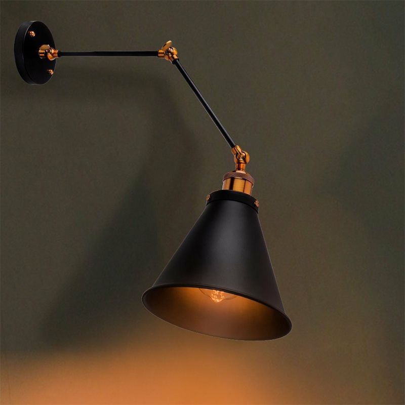 1-Light Wall Lighting Fixture Farmhouse Bistro Adjustable Wall Lamp with Conic Iron Shade in Black
