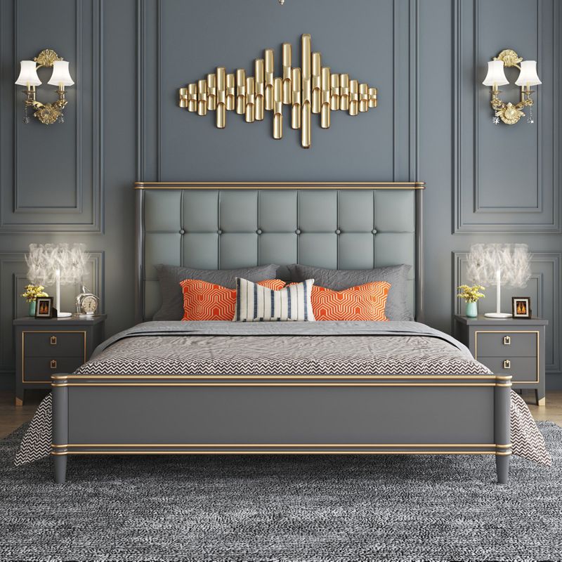 Modern Standard Bed with Tufted Upholstered Headboard and Soild Wood Legs