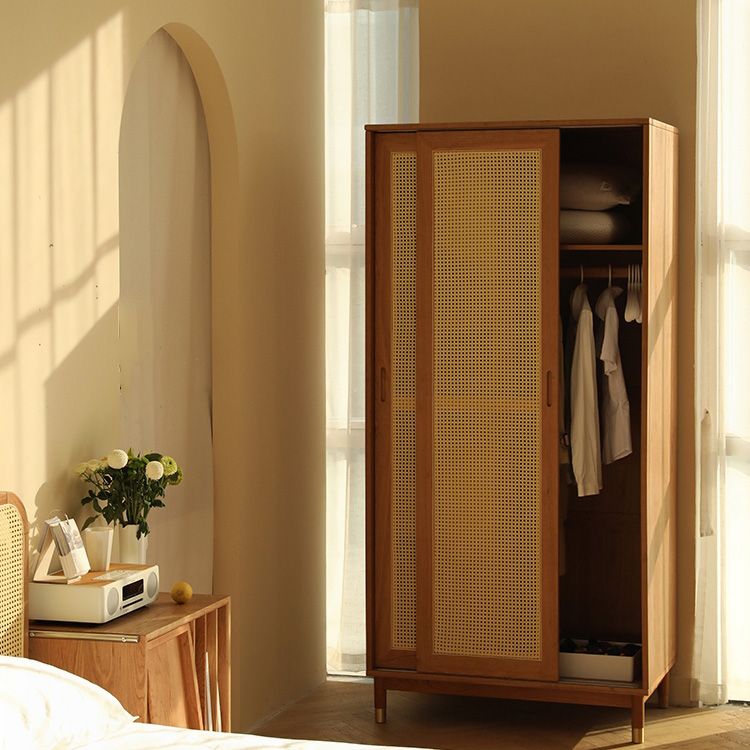 Modern Solid Wood Wardrobe Cabinet 2 Sliding Doors Sliding with Drawer