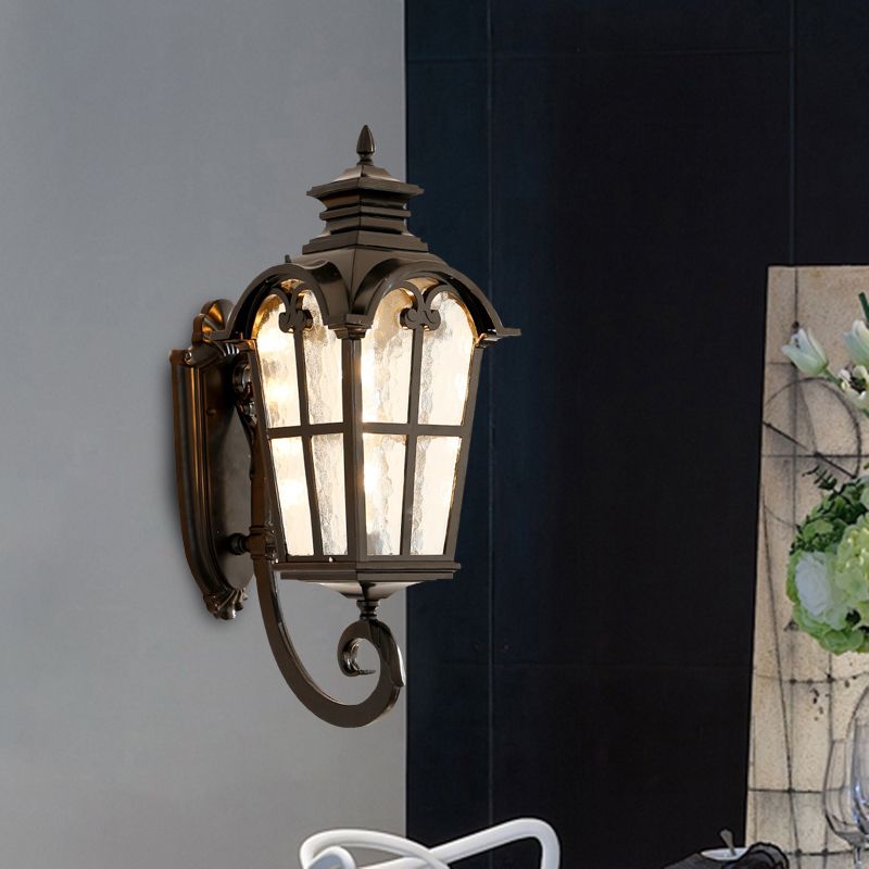Farmhouse Lantern Sconce Lamp 1-Light Metallic Wall Light Fixture in Black/Brass with Water Glass Shade