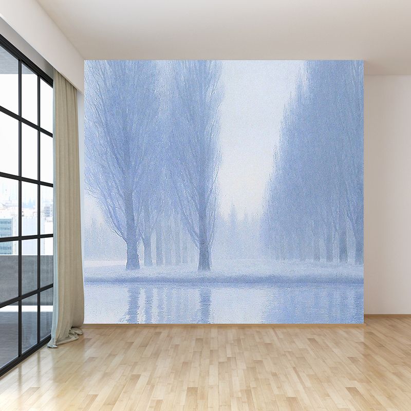 Blue Wild Trees Mural Wallpaper Stain-Proofing Contemporary Bathroom Wall Covering